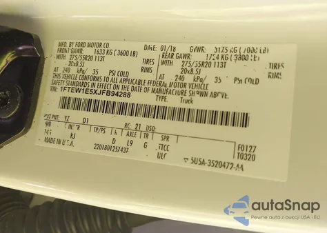 2018 Ford F-150 King Ranch z USA, uszkodzony, nr VIN 1FTEW1E5XJFB94288